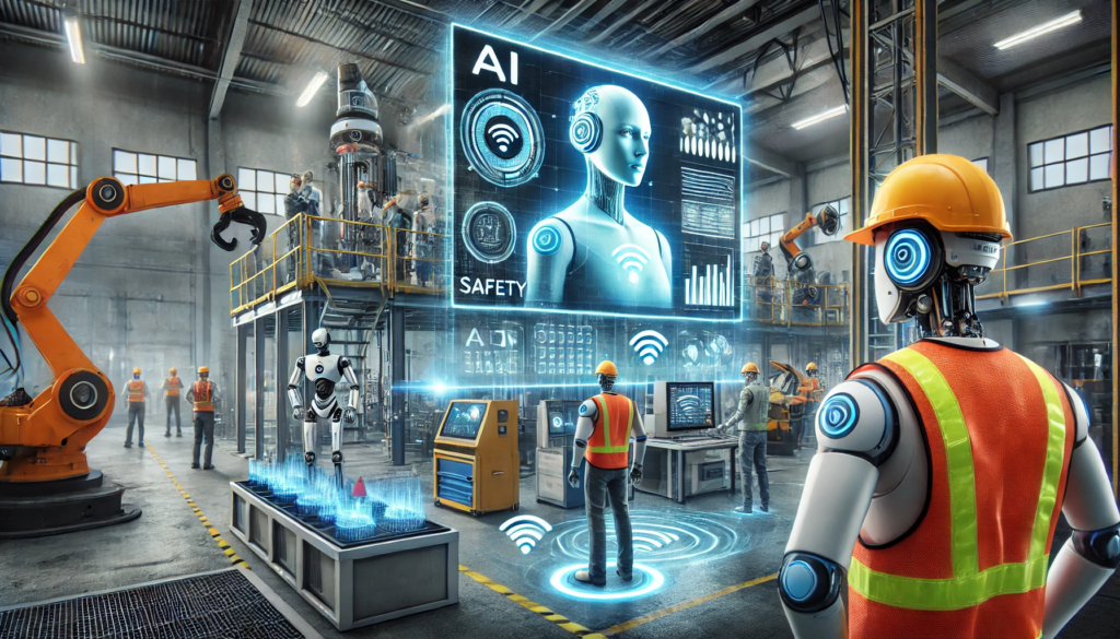 DALL·E 2024-11-01 18.42.27 - A futuristic image showcasing AI in workplace safety, featuring a high-tech industrial environment. Robots and AI-driven devices are monitoring safety