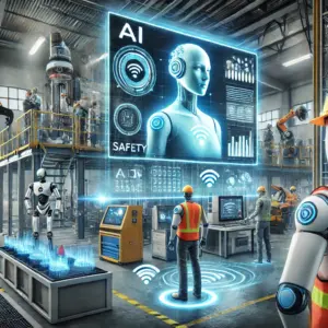 DALL·E 2024-11-01 18.42.27 - A futuristic image showcasing AI in workplace safety, featuring a high-tech industrial environment. Robots and AI-driven devices are monitoring safety
