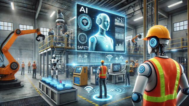 DALL·E 2024-11-01 18.42.27 - A futuristic image showcasing AI in workplace safety, featuring a high-tech industrial environment. Robots and AI-driven devices are monitoring safety