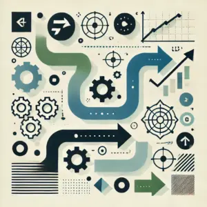 DALL·E 2024-11-02 10.31.48 - A minimalistic, abstract illustration representing Change Management with clear, bold shapes and symbols. Key elements include arrows, gears, and path
