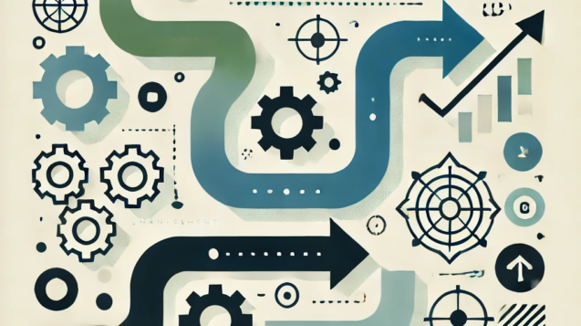 DALL·E 2024-11-02 10.31.48 - A minimalistic, abstract illustration representing Change Management with clear, bold shapes and symbols. Key elements include arrows, gears, and path