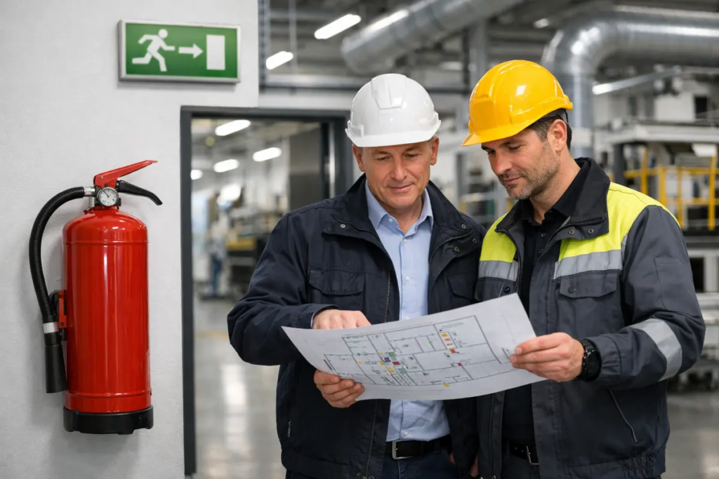 Fuehrungskraefte pruefen Brandschutz im Betrieb in einer Produktionshalle mit Feuerloescher und Fluchtwegzeichen.