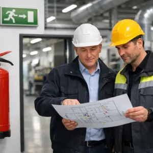 Fuehrungskraefte pruefen Brandschutz im Betrieb in einer Produktionshalle mit Feuerloescher und Fluchtwegzeichen.