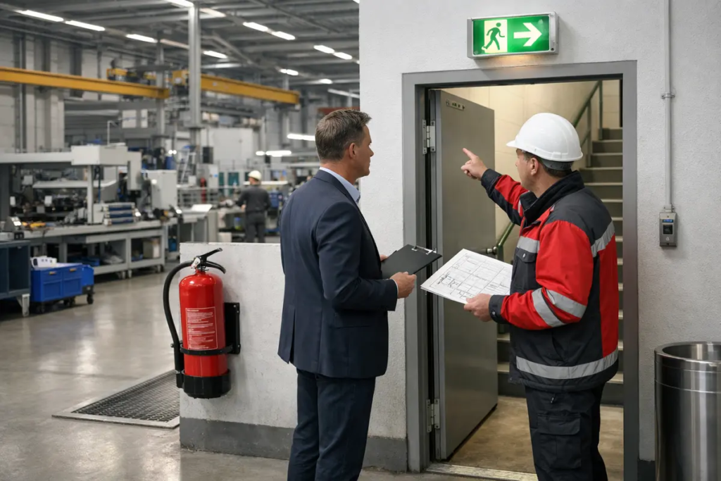 Führungskraft und Sicherheitsfachkraft prüfen Brandschutz in einer Produktionshalle