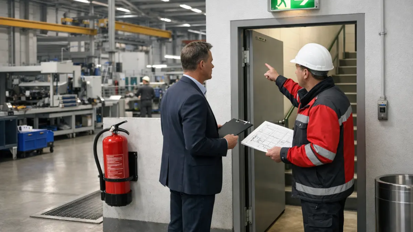 Führungskraft und Sicherheitsfachkraft prüfen Brandschutz in einer Produktionshalle