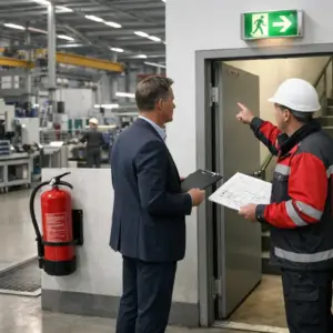Führungskraft und Sicherheitsfachkraft prüfen Brandschutz in einer Produktionshalle