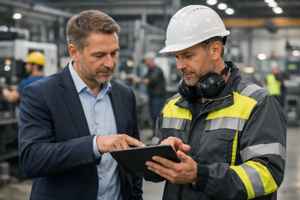Geschäftsleitung und Sicherheitsfachkraft besprechen DGUV Vorschrift 2 in einer Produktionshalle