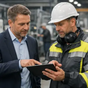 Geschäftsleitung und Sicherheitsfachkraft besprechen DGUV Vorschrift 2 in einer Produktionshalle