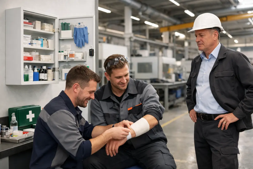 Erste Hilfe im Betrieb in einer Produktionshalle mit Ersthelfendem und Verbandstation