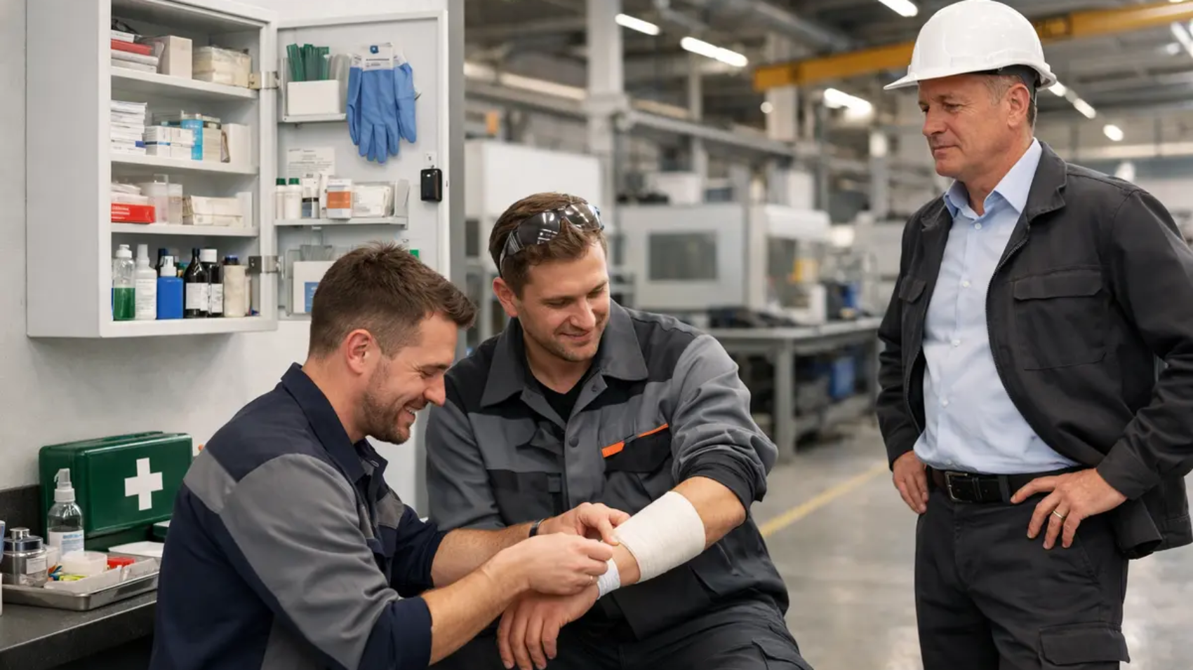 Erste Hilfe im Betrieb in einer Produktionshalle mit Ersthelfendem und Verbandstation