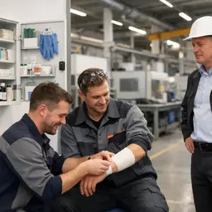Erste Hilfe im Betrieb in einer Produktionshalle mit Ersthelfendem und Verbandstation