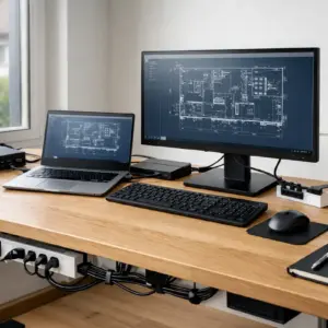 Prüfung von Betriebsmitteln im Homeoffice an einem modernen Bildschirmarbeitsplatz