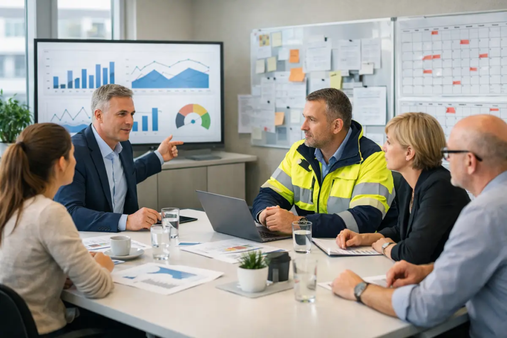 Führungskräfte besprechen psychische Fehlzeiten in einem modernen Unternehmen